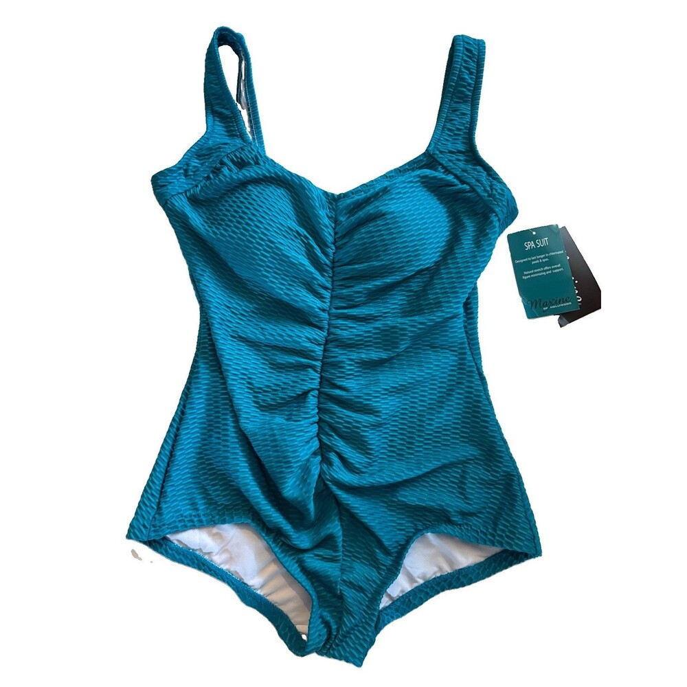 Maxine of Hollywood Textured Spa Swim Suit Shirred Front One Piece Aqua SZ 14